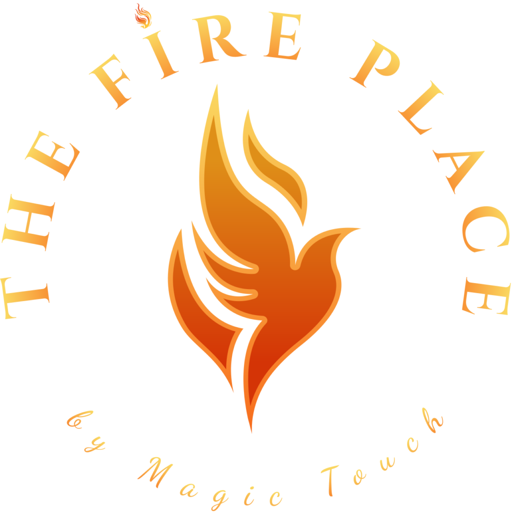 the fire place mesa az logo flame in the shape of a phoenix with text the fire place by magic touch