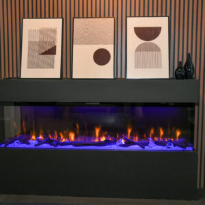 photo of a 3 sided electric fireplace on display at a fireplace store