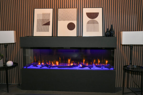 photo of a 3 sided electric fireplace on display at a fireplace store