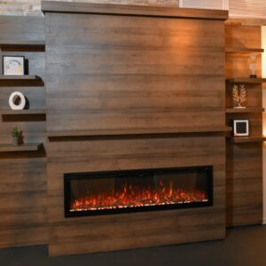 picture of walnut wood media wall entertainment center with a built-in linear electric fireplace