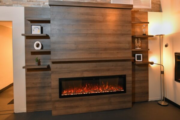 picture of walnut wood media wall entertainment center with a built-in linear electric fireplace