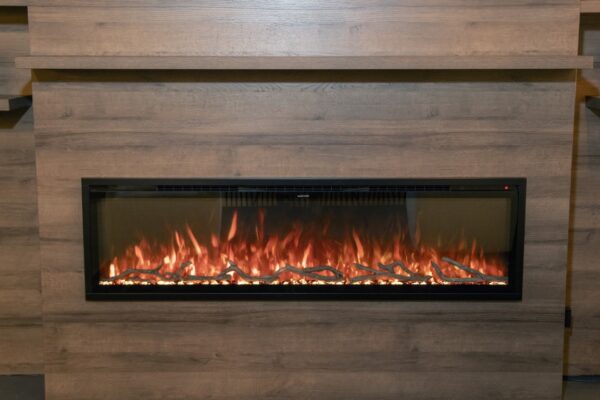 electric fireplace in walnut wood media cabinet