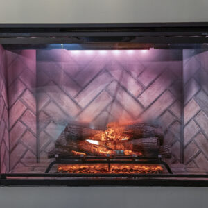 an electric fireplace with a brick herringbone interior