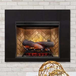 photo of dimplex revillusion 24 inch fireplace insert with black metal trim kit installed in a light colored brick fireplace opening