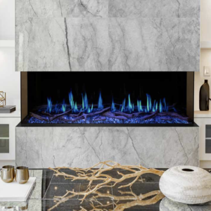 electric fireplace installed in marble wall with blue flames