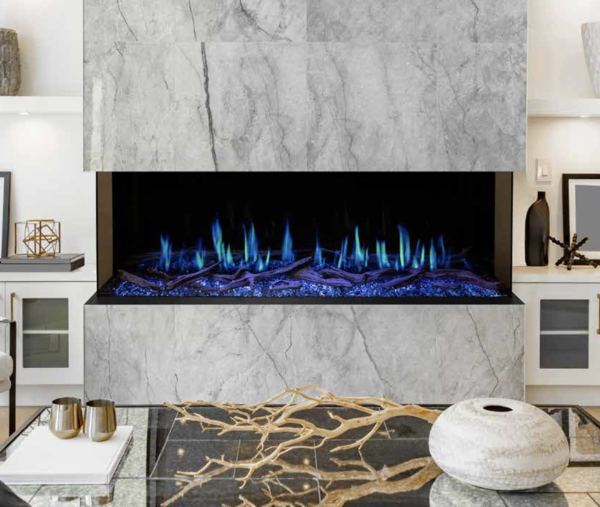 electric fireplace installed in marble wall with blue flames