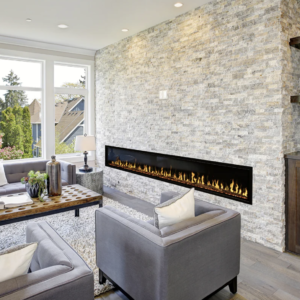 a 120" electric fireplace in a white stacked stone wall in a contemporary home