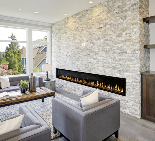 a 120" electric fireplace in a white stacked stone wall in a contemporary home