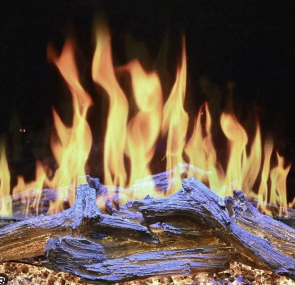 closeup photo of modern flames electric fireplace with driftwood logs