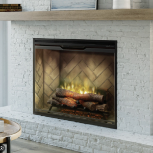 electric fireplace with white brick surround