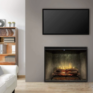 electric fireplace with minimalist media wall and flat screen television