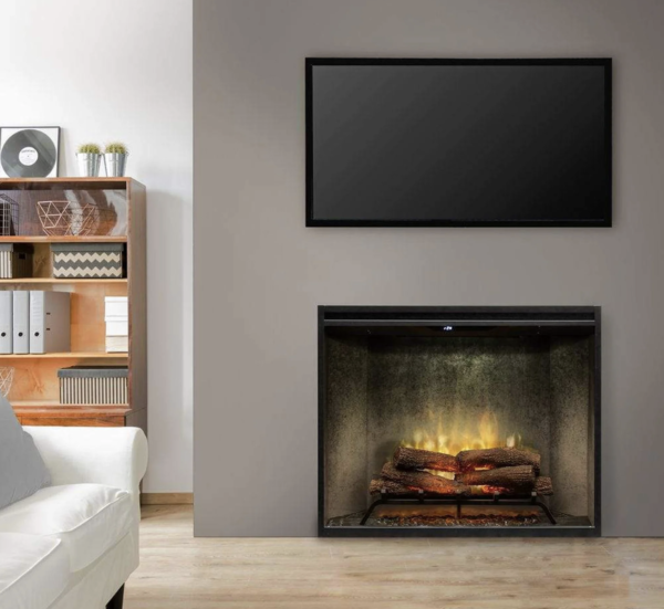 electric fireplace with minimalist media wall and flat screen television