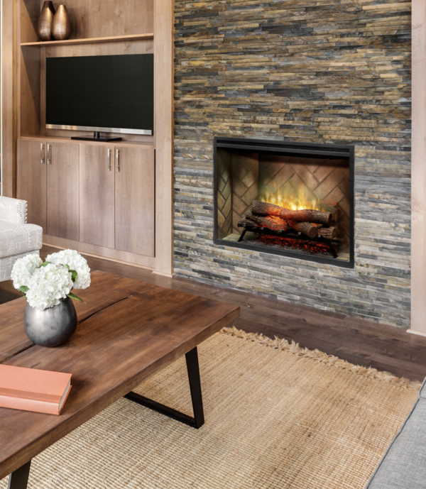 electric fireplace with stacked stone veneer wall