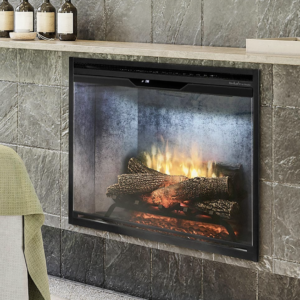 electric fireplace with weathered concrete finish installed at a spa