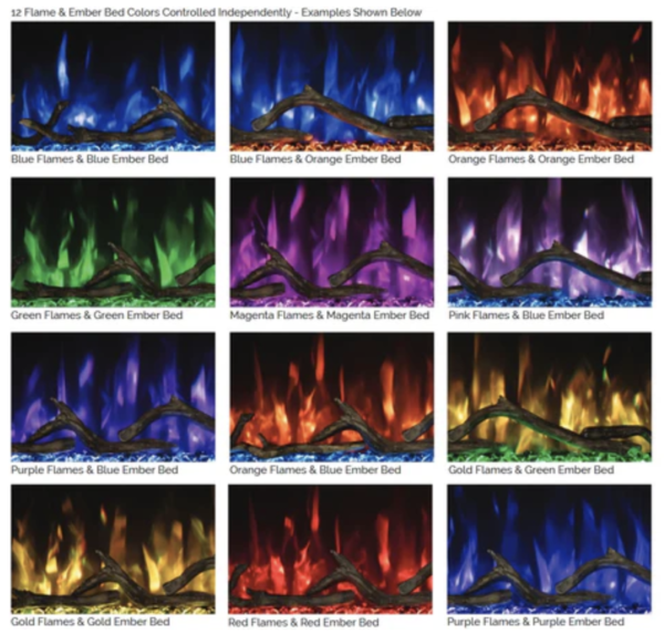 electric fireplace graphic showing 12 flame colors