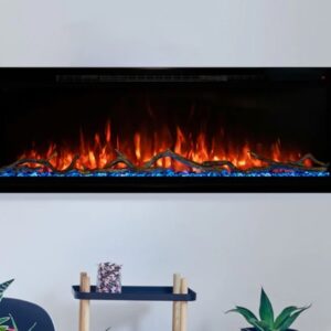 photo of a modern flames spectrum slmline 60" electric fireplace installed flushmount in white drywall wall with small plants
