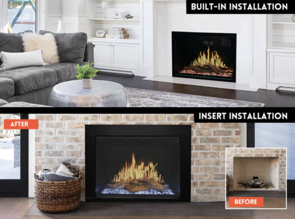 photo demonstrating before and after converting a wood fireplace to an electric fireplace