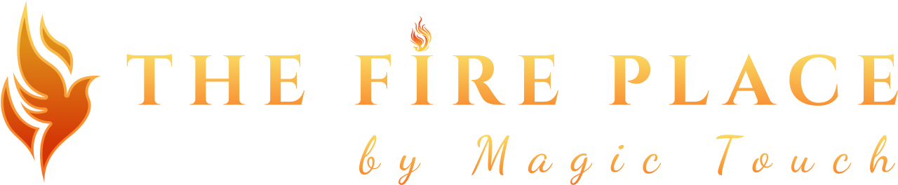 text - the fire place by magic touch and a flame logo