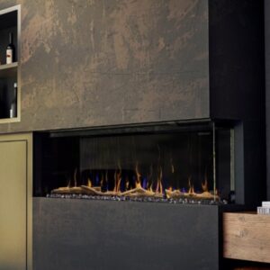 dimplex ignite bold electric fireplace a modern linear fireplace set in a 2-sided configuration with a dark collor wall build-out