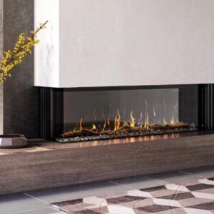 a photo of a modern electric fireplace installed in a 2-sided left application