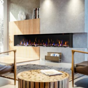 photo of a modern linear electric fireplace in bay 3-sided application with acoustic wall panel and stone veneer surround