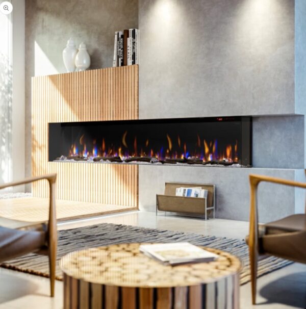 photo of a modern linear electric fireplace in bay 3-sided application with acoustic wall panel and stone veneer surround