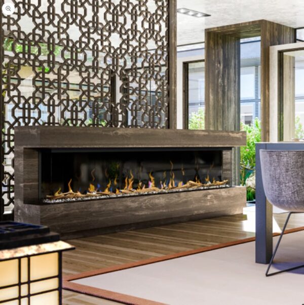 photo of a modern electric fireplace in a walnut studio mantel suite
