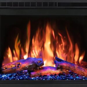 photo of modern flames redstone 26" electric fireplace insert or built in with blue downlight and ember bed with orange flame