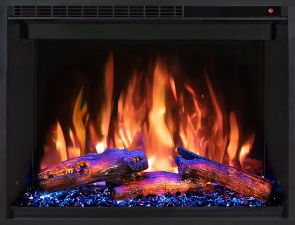 photo of modern flames redstone 26" electric fireplace insert or built in with blue downlight and ember bed with orange flame