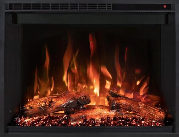 photo of modern flames redstone 26" electric fireplace with orange downlight and orange flame and ember bed