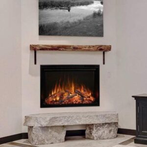 photo of modern flames redstone 36" electric fireplace installed in a white wall with a wood mantel and art above the mantel