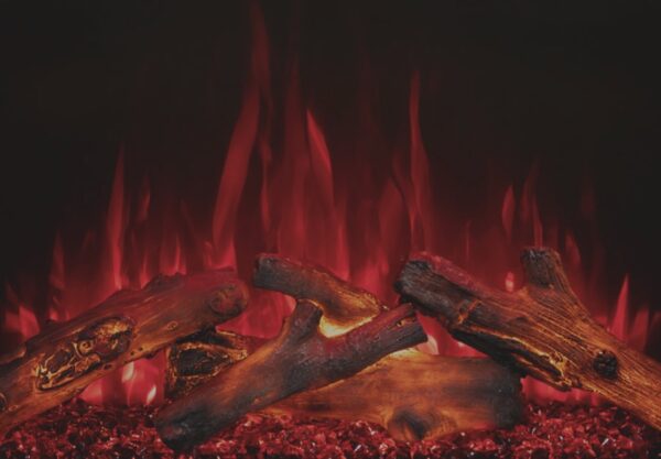 closeup photo of modern flames redstone 42" electric fireplace with red flames and lit log set turned on