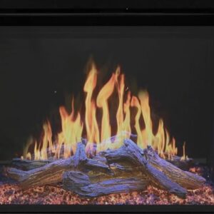 closeup picture of a modern flames orion traditional 30" electric fireplace with white downlight on, orange ember bed, and mix gas/wood flame pattern