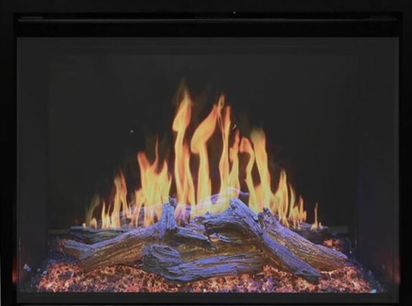 closeup picture of a modern flames orion traditional 30" electric fireplace with white downlight on, orange ember bed, and mix gas/wood flame pattern
