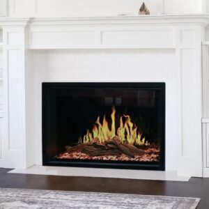 modern flames orion traditional 54" electric fireplace with classic white surround and mantel