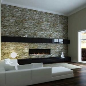 contemporary linear electric fireplace in a stacked stone wall with modern furnishings