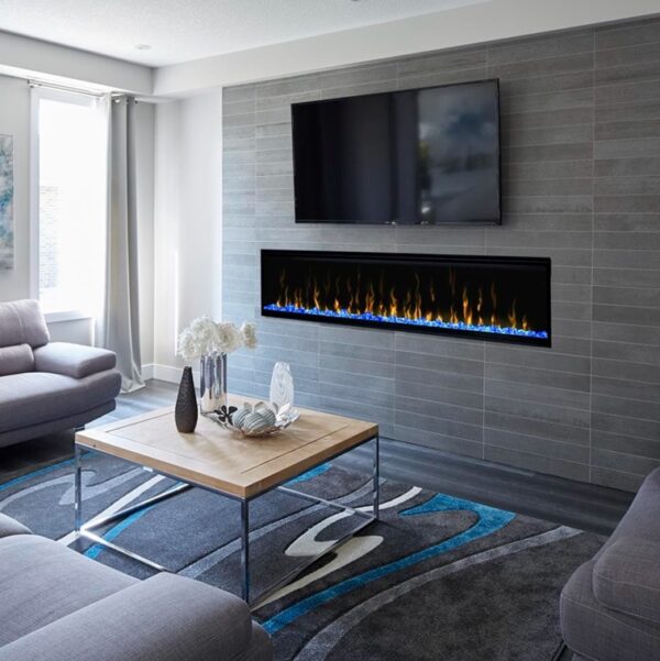 photo of a dimplex ignitexl 74" electric fireplace installed in a contemporary living room