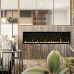 dimplex ignite xl 60 - a contemporary linear electric fireplace in a modern home with a wood grain bump out