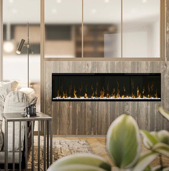 dimplex ignite xl 60 - a contemporary linear electric fireplace in a modern home with a wood grain bump out
