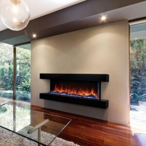 electric fireplace with an upper and lower mantel suite in black against the wall in a contemporary dining room