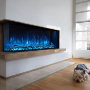 electric fireplace showing blue flames and ember bed installed 2-sided corner-recessed