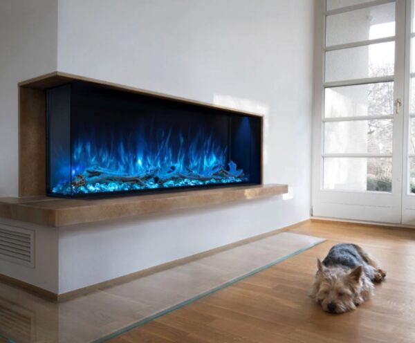 electric fireplace showing blue flames and ember bed installed 2-sided corner-recessed