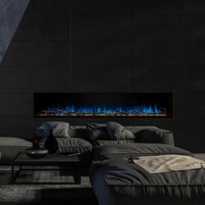 modern flames landscape pro 80" linear electric fireplace flush mount in a black stone wall with black modern sectional