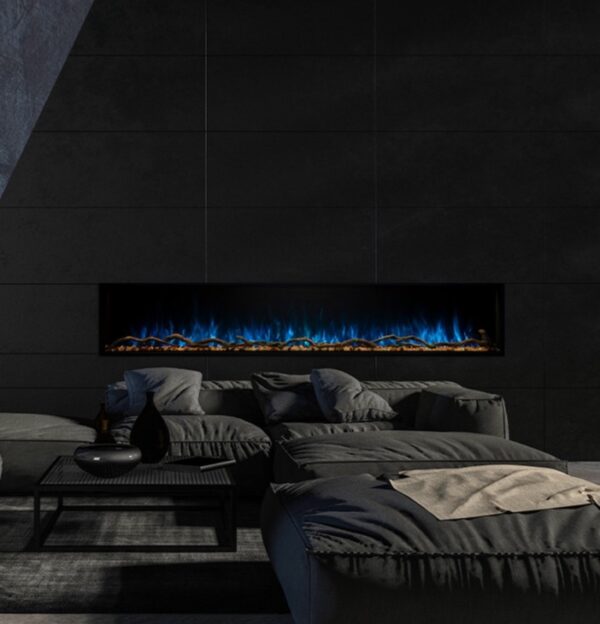 modern flames landscape pro 80" linear electric fireplace flush mount in a black stone wall with black modern sectional