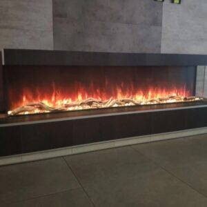 modern flames landscape pro 80" electric fireplace installed in custom studio mantle suite bump out bay 3-sided application