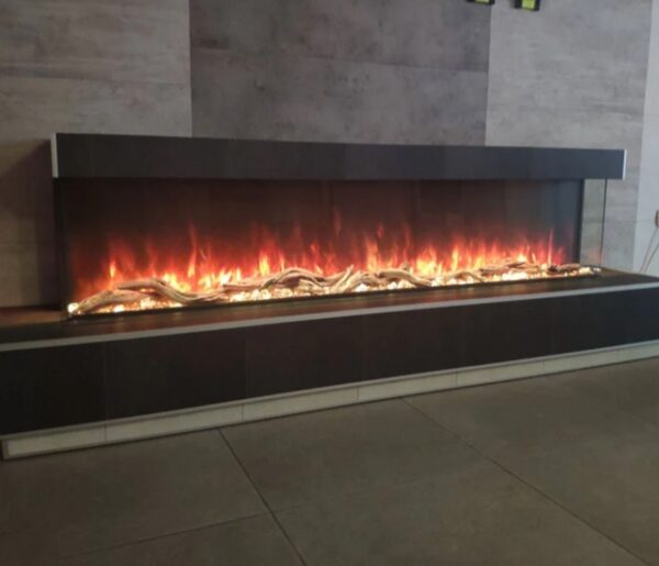 modern flames landscape pro 80" electric fireplace installed in custom studio mantle suite bump out bay 3-sided application